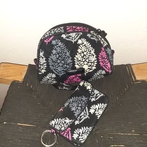 Vera Bradley black pink white floral patterned set makeup bag and change purse